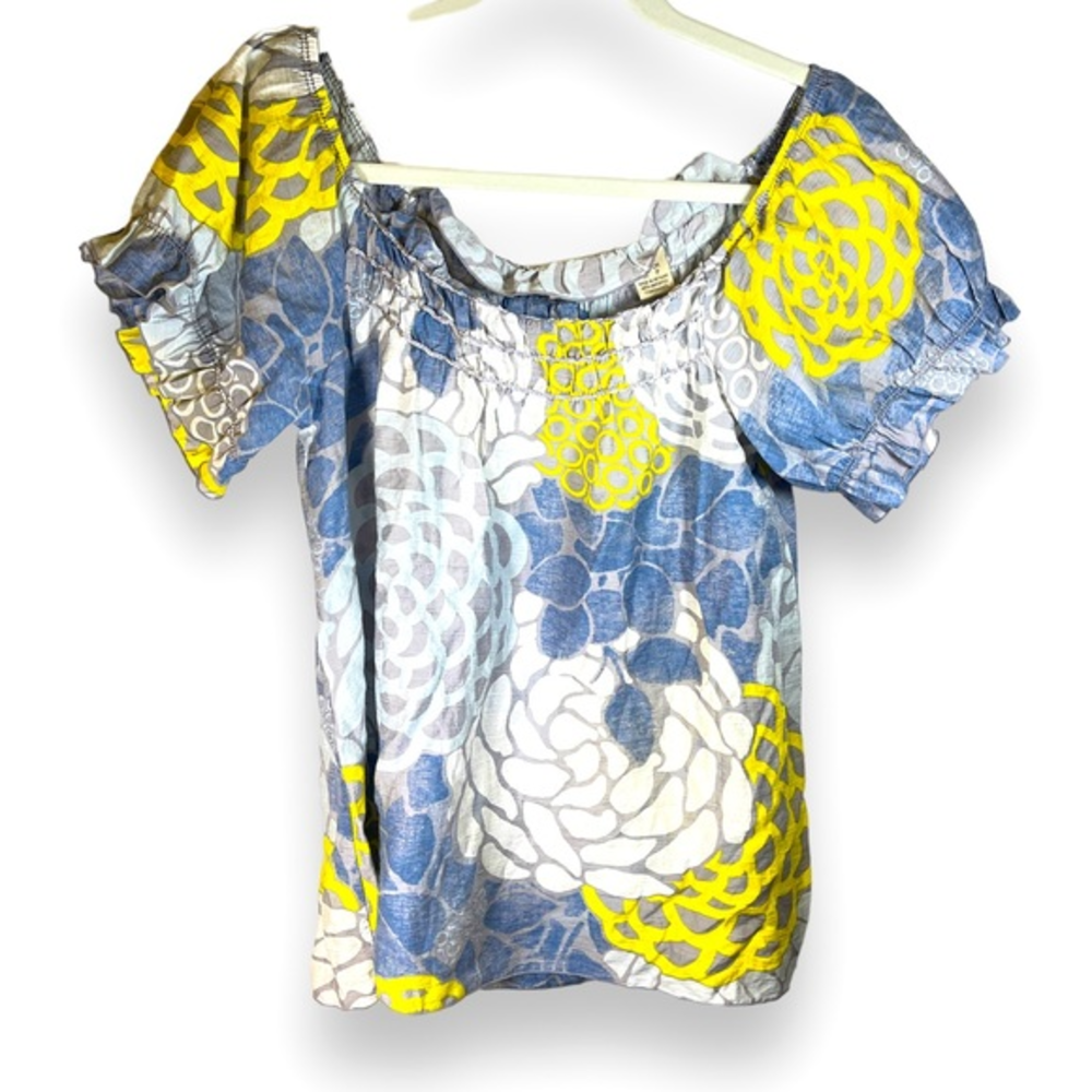 DKNY Jeans Womens Yellow Lavender Gray Floral Tee Top Shirt off‎ shoulder S
